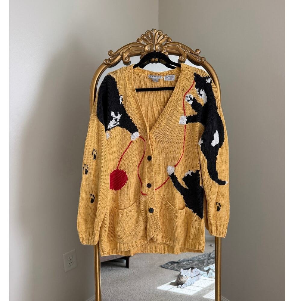 RARE Vintage Raphels Knit Yellow Cat Kitten Yarn Print AOP Cardigan Sweater